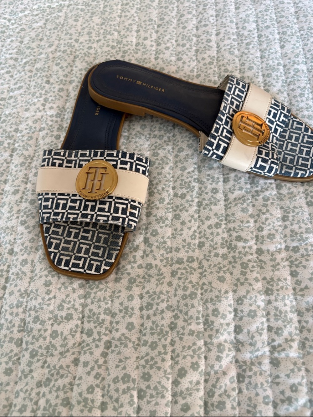 Tommy Hilfiger Navy & Cream Logo Medallion Slide Mules